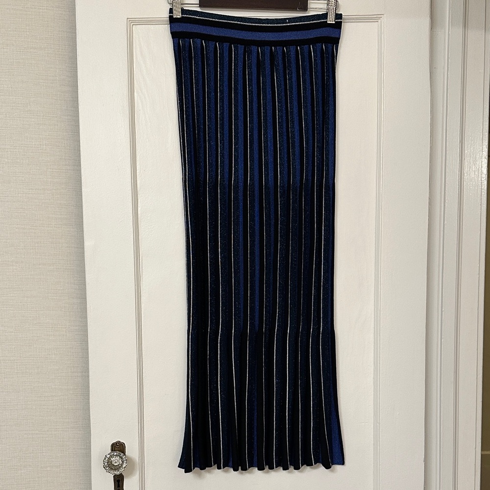 Chic Navy and Black Striped A-Line Skirt w Metallic Threading